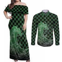 Japanese Asanoha Pattern Couples Matching Off Shoulder Maxi Dress and Long Sleeve Button Shirt Water Breathing Slayer Dragon LT9 Green - Polynesian Pride