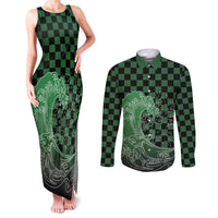Japanese Asanoha Pattern Couples Matching Tank Maxi Dress and Long Sleeve Button Shirt Water Breathing Slayer Dragon LT9 Green - Polynesian Pride