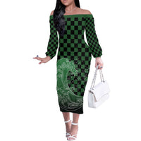 Japanese Asanoha Pattern Off The Shoulder Long Sleeve Dress Water Breathing Slayer Dragon - Polynesian Pride