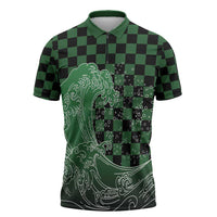 Japanese Asanoha Pattern Zipper Polo Shirt Water Breathing Slayer Dragon LT9 Green - Polynesian Pride