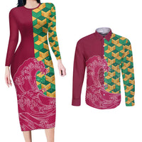 Japanese Bishamon-Kikkou Pattern Couples Matching Long Sleeve Bodycon Dress and Long Sleeve Button Shirt Water Pillar Silent River Flow LT9 Burgundy - Polynesian Pride