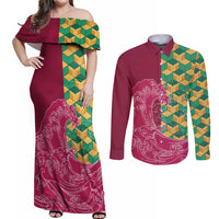 Japanese Bishamon-Kikkou Pattern Couples Matching Off Shoulder Maxi Dress and Long Sleeve Button Shirt Water Pillar Silent River Flow LT9 Burgundy - Polynesian Pride