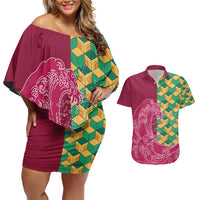 Japanese Bishamon-Kikkou Pattern Couples Matching Off Shoulder Short Dress and Hawaiian Shirt Water Pillar Silent River Flow - Polynesian Pride