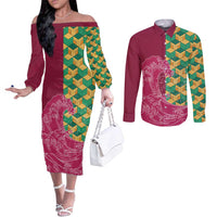 Japanese Bishamon-Kikkou Pattern Couples Matching Off The Shoulder Long Sleeve Dress and Long Sleeve Button Shirt Water Pillar Silent River Flow LT9 Burgundy - Polynesian Pride