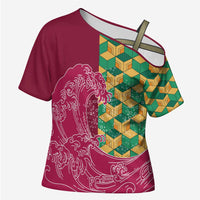 Japanese Bishamon-Kikkou Pattern Cross Shoulder Shirt Water Pillar Silent River Flow LT9 Female Burgundy - Polynesian Pride