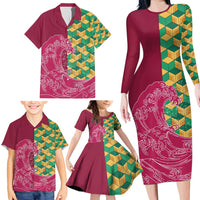 Japanese Bishamon-Kikkou Pattern Family Matching Long Sleeve Bodycon Dress and Hawaiian Shirt Water Pillar Silent River Flow - Polynesian Pride