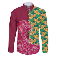 Japanese Bishamon-Kikkou Pattern Family Matching Puletasi and Hawaiian Shirt Water Pillar Silent River Flow LT9 Dad's Shirt - Long Sleeve Burgundy - Polynesian Pride