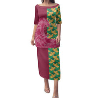 Japanese Bishamon-Kikkou Pattern Family Matching Puletasi and Hawaiian Shirt Water Pillar Silent River Flow LT9 Mom's Dress Burgundy - Polynesian Pride