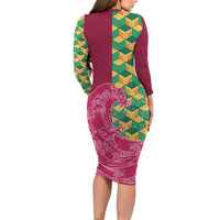 Japanese Bishamon-Kikkou Pattern Long Sleeve Bodycon Dress Water Pillar Silent River Flow - Polynesian Pride
