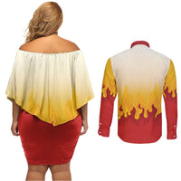Japanese Kaen Pattern Couples Matching Off Shoulder Short Dress and Long Sleeve Button Shirt Flame Pillar Blazing Lion Heart LT9 - Polynesian Pride