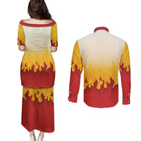 Japanese Kaen Pattern Couples Matching Puletasi and Long Sleeve Button Shirt Flame Pillar Blazing Lion Heart LT9 - Polynesian Pride