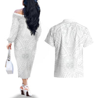 Samoa Lotu Tamaiti Couples Matching Off The Shoulder Long Sleeve Dress and Hawaiian Shirt Polynesian White Sunday Simple LT9 - Polynesian Pride