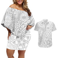 Samoa Lotu Tamait Couples Matching Off Shoulder Short Dress and Hawaiian Shirt Tropical Plant White Sunday With Polynesia Pattern LT9 White - Polynesian Pride