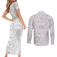 Samoa Lotu Tamait Couples Matching Short Sleeve Bodycon Dress and Long Sleeve Button Shirts Tropical Plant White Sunday With Polynesia Pattern LT9 - Polynesian Pride