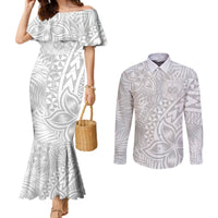 Personalised Samoa Lotu Tamait Couples Matching Mermaid Dress and Long Sleeve Button Shirts Tropical Plant White Sunday With Polynesia Pattern LT9 White - Polynesian Pride
