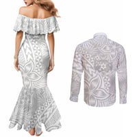 Personalised Tonga White Sunday Couples Matching Mermaid Dress and Long Sleeve Button Shirts Tropical Plant With Polynesian Pattern LT9 - Polynesian Pride
