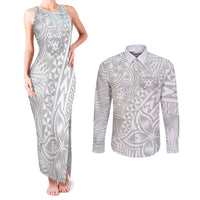 Personalised Tonga White Sunday Couples Matching Tank Maxi Dress and Long Sleeve Button Shirts Tropical Plant With Polynesian Pattern LT9 White - Polynesian Pride