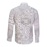 Personalised Tonga White Sunday Long Sleeve Button Shirt Tropical Plant With Polynesian Pattern LT9 - Polynesian Pride