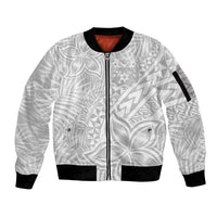 Personalised Tonga White Sunday Sleeve Zip Bomber Jacket Tropical Plant With Polynesian Pattern LT9 Unisex White - Polynesian Pride
