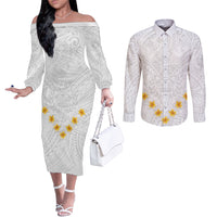 Tonga White Sunday Couples Matching Off The Shoulder Long Sleeve Dress and Long Sleeve Button Shirts Polynesian Plumeria Tribal Simple LT9 White - Polynesian Pride