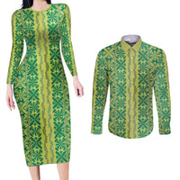 Hawaii Lei with Tribal Quilt Motif Couples Matching Long Sleeve Bodycon Dress and Long Sleeve Button Shirt