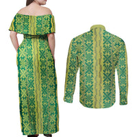 Hawaii Lei with Tribal Quilt Motif Couples Matching Off Shoulder Maxi Dress and Long Sleeve Button Shirt