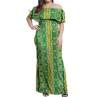 Hawaii Lei with Tribal Quilt Motif Off Shoulder Maxi Dress