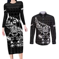New Zealand Rugby Warrior Custom Couples Matching Long Sleeve Bodycon Dress and Long Sleeve Button Shirt Black Fern Taniko Motif