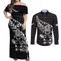 New Zealand Rugby Warrior Custom Couples Matching Off Shoulder Maxi Dress and Long Sleeve Button Shirt Black Fern Taniko Motif