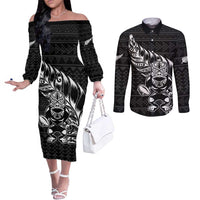 New Zealand Rugby Warrior Custom Couples Matching Off The Shoulder Long Sleeve Dress and Long Sleeve Button Shirt Black Fern Taniko Motif