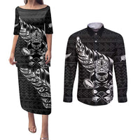 New Zealand Rugby Warrior Custom Couples Matching Puletasi and Long Sleeve Button Shirt Black Fern Taniko Motif