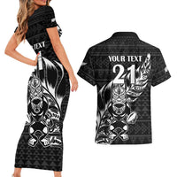 New Zealand Rugby Warrior Custom Couples Matching Short Sleeve Bodycon Dress and Hawaiian Shirt Black Fern Taniko Motif
