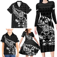 New Zealand Rugby Warrior Custom Family Matching Long Sleeve Bodycon Dress and Hawaiian Shirt Black Fern Taniko Motif