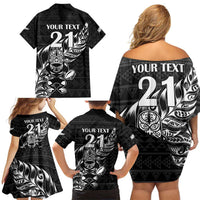 New Zealand Rugby Warrior Custom Family Matching Off Shoulder Short Dress and Hawaiian Shirt Black Fern Taniko Motif
