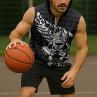 New Zealand Rugby Warrior Custom Sleeveless Zip Hoodie Black Fern Taniko Motif LT9 - Polynesian Pride