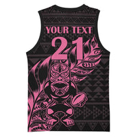 New Zealand Rugby Warrior Custom Basketball Jersey Pink Fern Taniko Motif - Polynesian Pride
