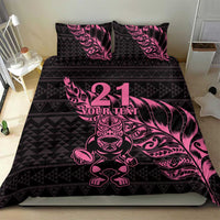 New Zealand Rugby Warrior Custom Bedding Set Pink Fern Taniko Motif LT9 - Polynesian Pride
