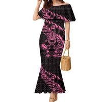 New Zealand Rugby Warrior Custom Family Matching Mermaid Dress and Hawaiian Shirt Pink Fern Taniko Motif