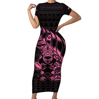 New Zealand Rugby Warrior Custom Family Matching Short Sleeve Bodycon Dress and Hawaiian Shirt Pink Fern Taniko Motif