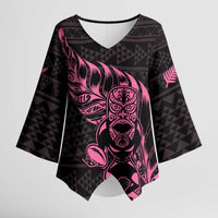 New Zealand Rugby Warrior Custom Kimono Sleeve Blouse Pink Fern Taniko Motif - Polynesian Pride