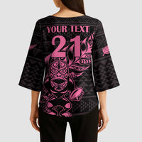 New Zealand Rugby Warrior Custom Kimono Sleeve Blouse Pink Fern Taniko Motif - Polynesian Pride