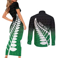 Green Silver Fern Spirit Taniko Tukutuku Personalised Couples Matching Short Sleeve Bodycon Dress and Long Sleeve Button Shirt
