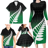 Green Silver Fern Spirit Taniko Tukutuku Personalised Family Matching Long Sleeve Bodycon Dress and Hawaiian Shirt