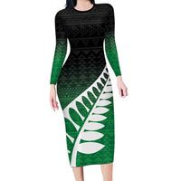 Green Silver Fern Spirit Taniko Tukutuku Personalised Family Matching Long Sleeve Bodycon Dress and Hawaiian Shirt