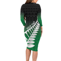 Green Silver Fern Spirit Taniko Tukutuku Personalised Family Matching Long Sleeve Bodycon Dress and Hawaiian Shirt