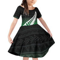 Green Silver Fern Spirit Taniko Tukutuku Personalised Family Matching Off Shoulder Short Dress and Hawaiian Shirt