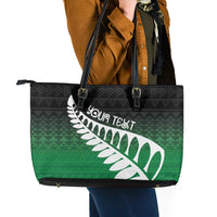 Green Silver Fern Spirit Taniko Tukutuku Personalised Leather Tote Bag