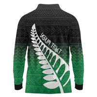 Green Silver Fern Spirit Taniko Tukutuku Personalised Long Sleeve Polo Shirt