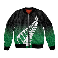 Green Silver Fern Spirit Taniko Tukutuku Personalised Sleeve Zip Bomber Jacket