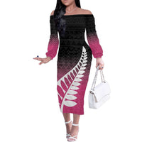 Pink Silver Fern Spirit Taniko Tukutuku Personalised Family Matching Off The Shoulder Long Sleeve Dress and Hawaiian Shirt